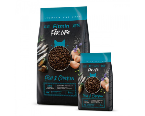 Fitmin cat For Life Adult Fish and Chicken 1,8 kg / комплексний корм для дорослих котів з куркою та рибою 1,8 кг