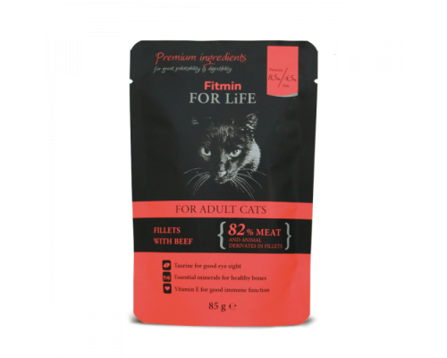 Fitmin cat For Life pouch adult beef /повнораціонний консервований корм для котів, шматочки з яловичиною в соусі, 85г