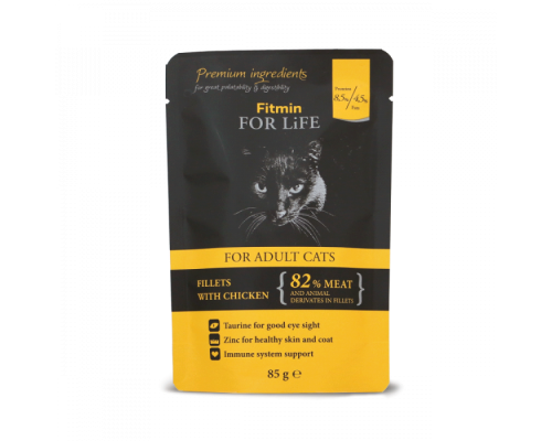 Fitmin cat For Life pouch adult chicken / повнораціонний консервований корм для котів, шматочки з курятиною в соусі, 85г