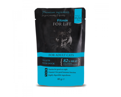 Fitmin cat For Life pouch adult duck / повнораціонний консервований корм для котів, шматочки з філе качки в соусі, 85г
