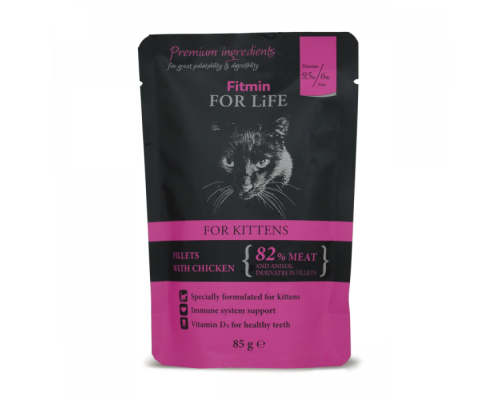 Fitmin cat For Life pouch kitten chicken / повнораціонний консервований корм для кошенят, шматочки з курятиною в соусі, 85г