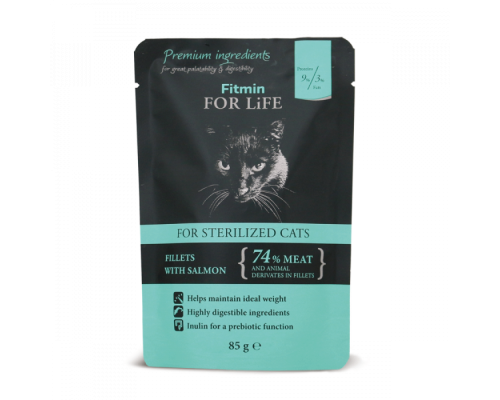 Fitmin cat For Life pouch sterilized salmon / повнораціонний консервований корм для стерилізованих котів, шматочки з лососем в соусі, 85г