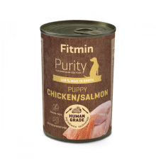 Мясная консерва для щенков, кусочки лосося с курицей в собственном соке