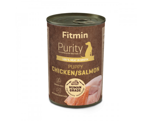 Мясная консерва для щенков, кусочки лосося с курицей в собственном соке